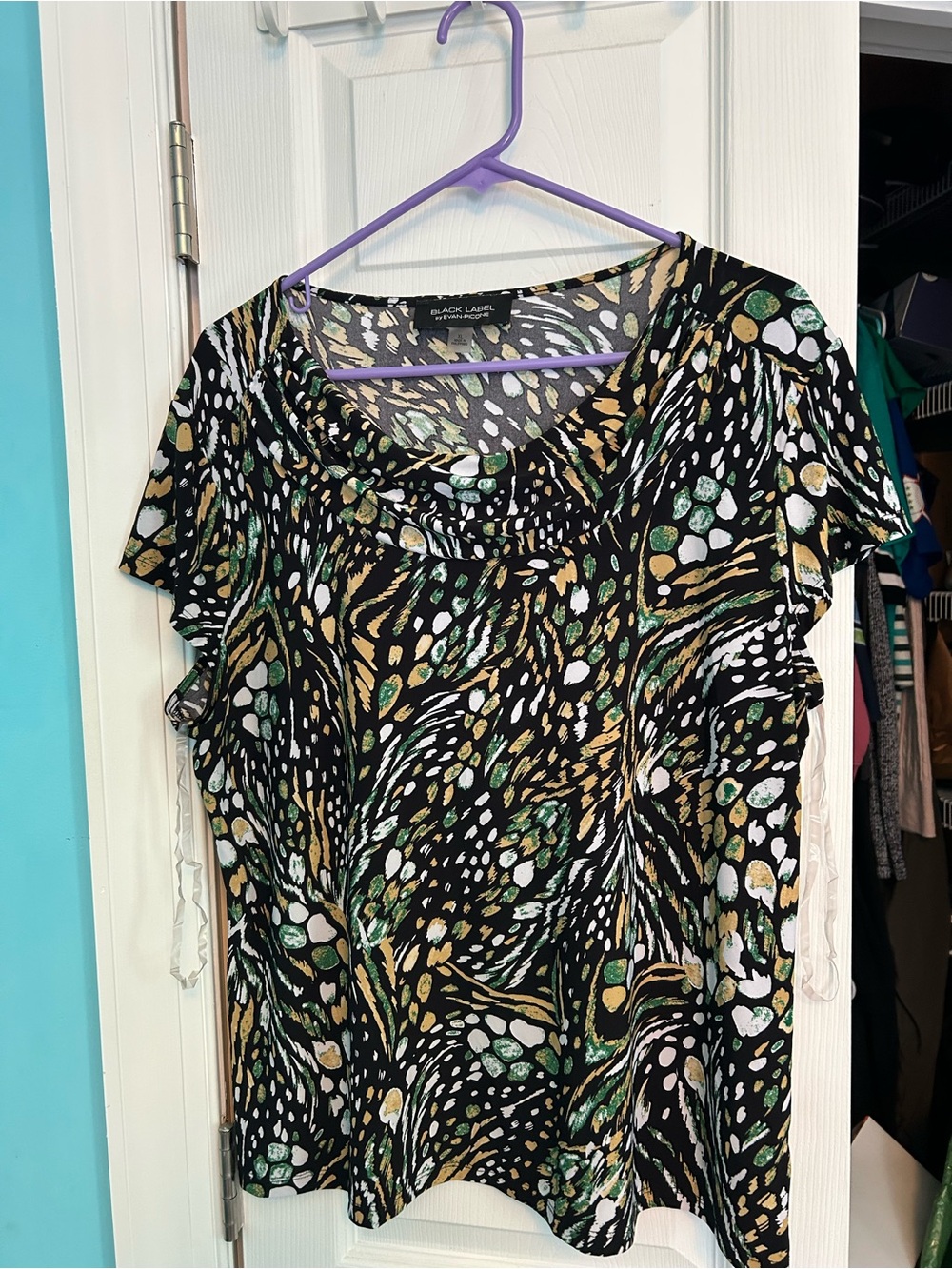 Evan Picone Black Top with Green and Gold Abstract Print